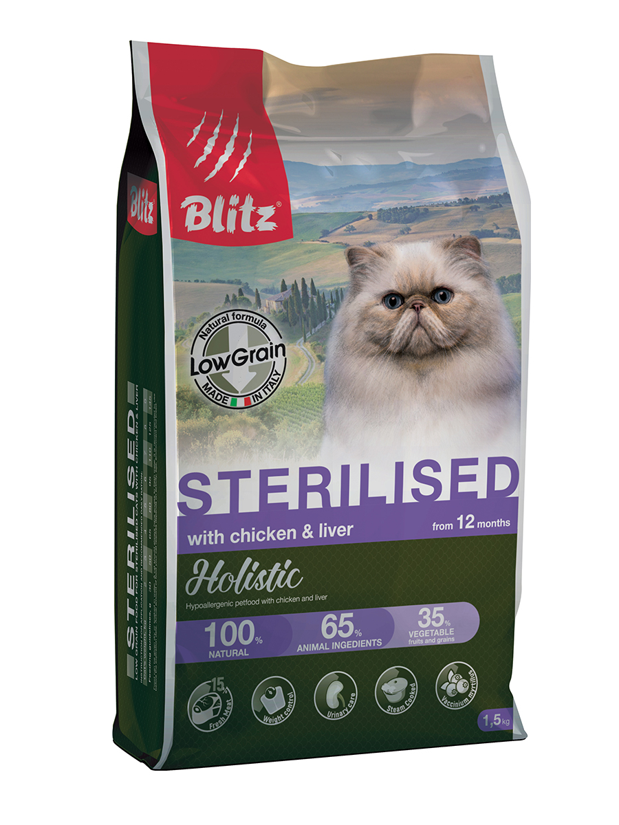 Blitz Holistic Cat Sterilised Chicken&Liver низкозерновой корм для стерилизованных кошек курица/пече Фото