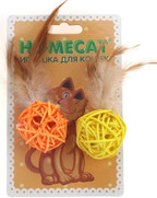 Фото HOMECAT Игрушка для кошек мячи из ротанга с пером и колокольчиком 2шт 4см