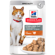 Фото Hill's SP Sterilised Cat
для молодых стерилиз кошек и кастрированных котов, пауч с индейкой в соусе